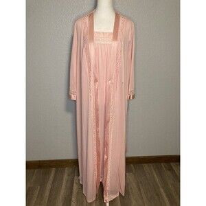 Vintage Vanity Fair M Peignoir Set Pink Women Nightgown Robe Nylon Lace Babydoll